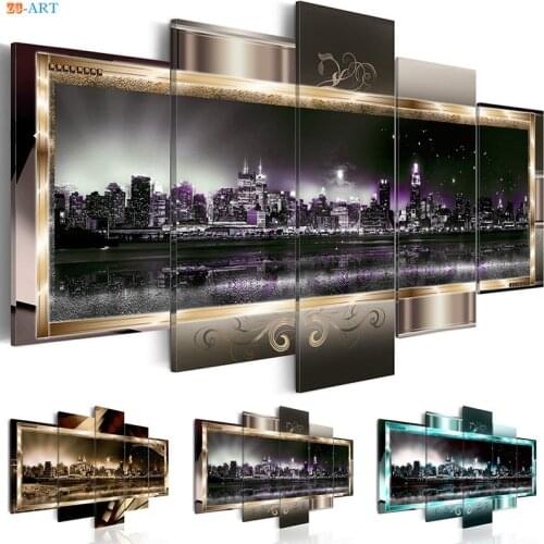 Modern Wall Art City Night Poster Scenery Prints Canvas Art 5 Panel Wall Painting for Living Room Home Decor