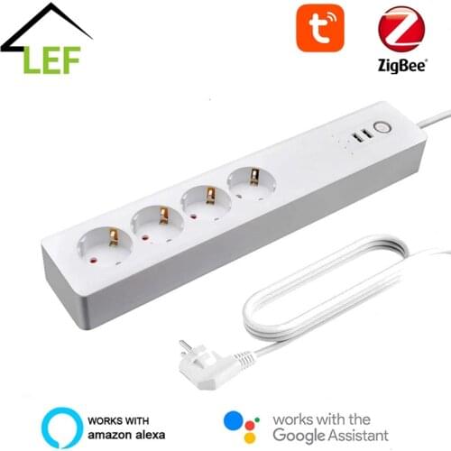 Zigbee Smart Power Strip EU Smart Power Bar Multiple Outlet Extension Cord with 2 USB and 4 AC Plugs by Tuya