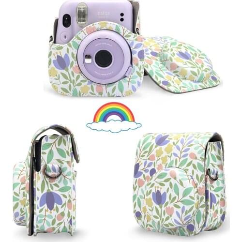 Leaf and Flower PU Leather Case Bag Protective Cover For Fujifilm Instax Mini 11/9/8 Camera with Shoulder Strap