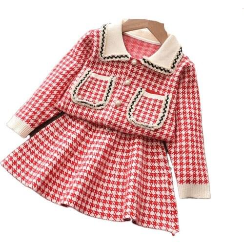 Girls Long Sleeve Turn-Down Collar Brife Style with Pockets Sweaters+Skirts 2PCS Clothing Sets Casual Fashion Dressing Sets