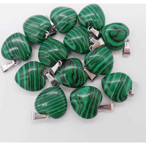 12Pcs 16x7mm Hand-Carved Green And Black Malachite Love Heart Pendant Bead For DIY Jewelry Making Necklace Accessories