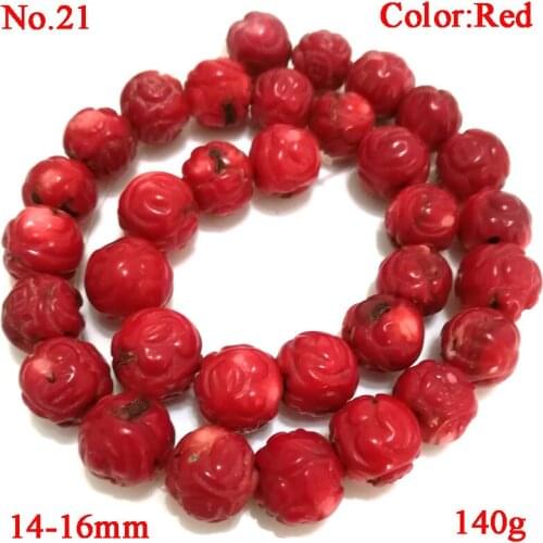 16 inches 14-16mm Red Round Natural Carved Coral Beads Loose Strand