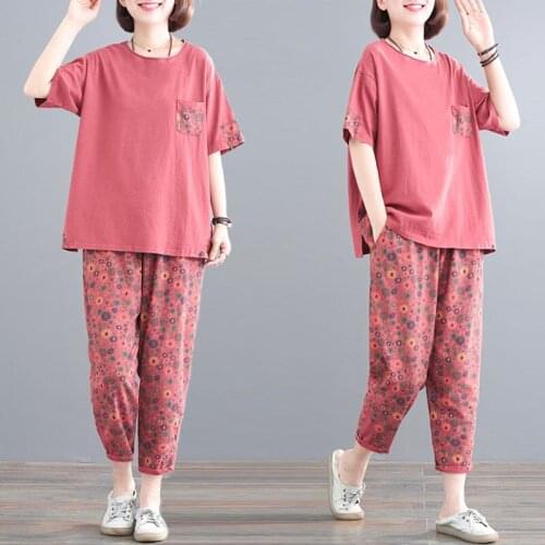 2021 Summer Casual Tracksuits Women Plus Size 5XL 2 Piece Sets O-Neck Tops + Pants New Arrival Short Sleeve Sporting Suits X116