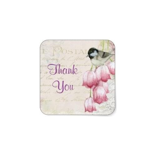 3.8cm Shabby Vintage Bird and Flowers Thank You Square Sticker
