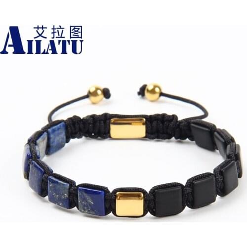 Ailatu 10pcs/lot Natural Lapis Stone Square Bracelet Gold Stainless Steel Macrame Jewelry Free Logo Service