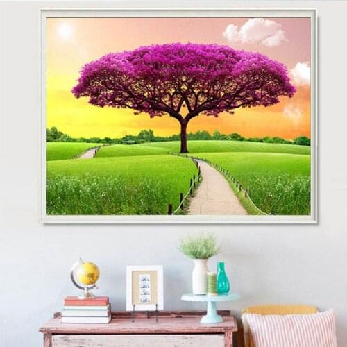 Purple Tree Landscape DIY 5D Embroidery Mosaic Crystal Needlework Diamond Painting Cross Decor