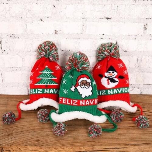 2020 Kids Girls Xmas Hats Babies Christmas Hat Thick Warm Floral Wool Knitting Cap Earmuffs Knit Cap Accesorries шапка детская