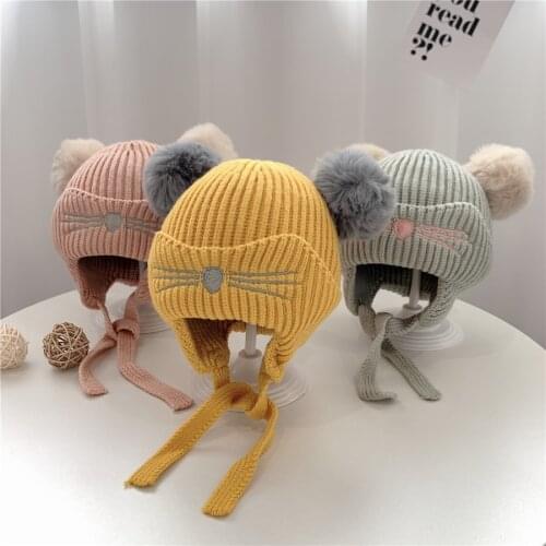 New Style for Autumn and Winter Cute Cat Beard Childrens Wool Hat Men and Women Baby Dome Fur Ball Knitted Ear Protection Hat