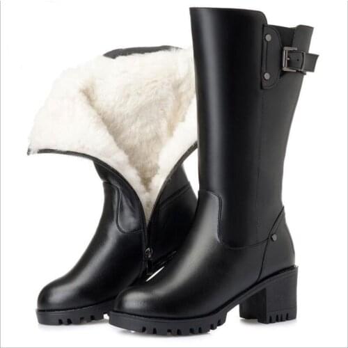 DM563 Plus size 42 boots woman 2020 Women winter boots vintage round toe mid-heel thick heel warm knee calf mother Bota Feminina