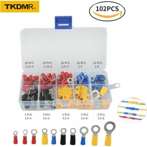 102PCS 10Kinds RV Ring Terminal Electrical Crimp Connector Kit Set With Box Copper Wire Insulated Cord Pin End Butt