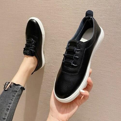 Women Sport Shoes Genuine Leather Thick Bottom Women Vulcanized Shoes Sneakers Solid Color Casual Wedge Walking Black White