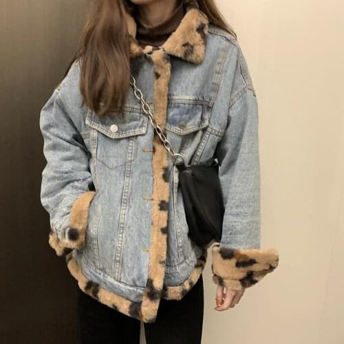 Two Sides Wear Plush And Thickened Denim Coat Womens Korean Version Loose, Thin And Cool, Leopard Print, Imitation Rabbit Hair