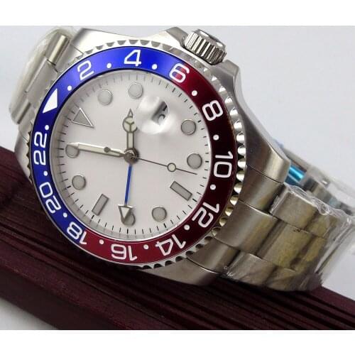 Sapphire Crystal 43MM White Sterile Dial Blue Red Bezel GMT Function Automatic Movement Mens Wrist Watch With Nologo