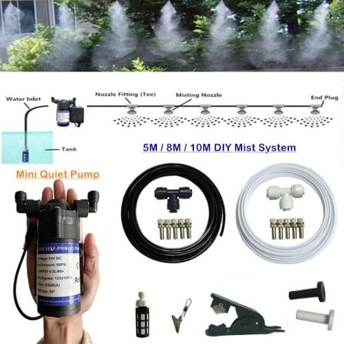 H198 DIY 5M/8M/10M Watering Kit 24V DC Quiet 0.5L/min Pump Sprayer Nebulizer Slip Lock Mist Nozzles 1/4'' PE Hose Garden Misting