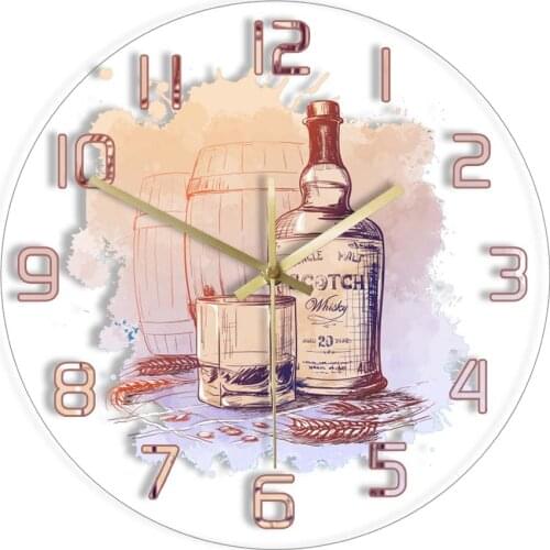 Scotch Whiskey Bottle Printed Wall Clock Home Bar Décor Alcoholic Beverage Watercolor Artwork Silent Wall Watch Bartender Gifts
