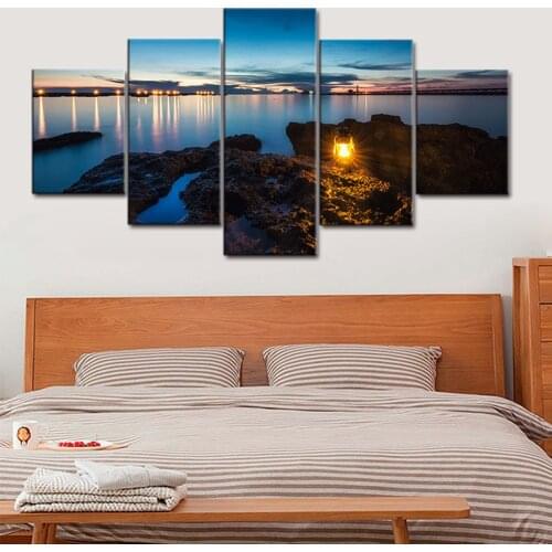 5 Panels Seaside Camping Lamp Seascape and Landscape Print on Canvas Painting for Living Room Wall Art Office Home Decoration