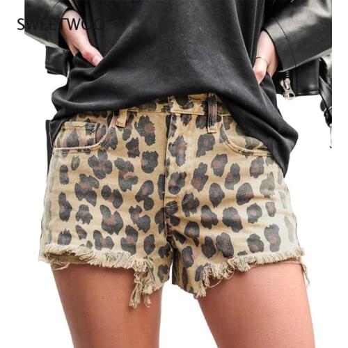 2021 Summer New Womens Leopard Print Fashion Denim Shorts Womens Frayed Casual Hot Pants