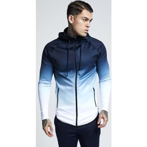 New Men Gradient Sports Running Hoodies Zipper Gym Training Outwear Autumn Winter Fitness Workout Jogging Sportswear Tops