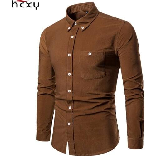 HCXY 2020 Autumn New Mens Corduroy Casual Shirts Men Long-sleeved Shirt for Male Smart Casual Bussiness Slim Chest pocket