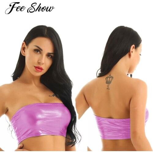 Stylish Womens Shiny Metallic Strapless Tube Top No-Padded Bra Top Clubwear Wrapped Chest Bandeau Rave Dance Crop Top Costumes