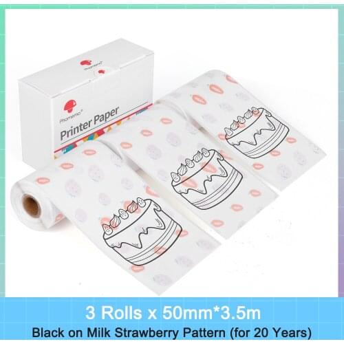 Phomemo T02 Strawberry Pattern Thermal Paper-20-Year Sticky 50mmx3.5m for Journal Photo Texts Study Notes and More, 3 Rolls/Box