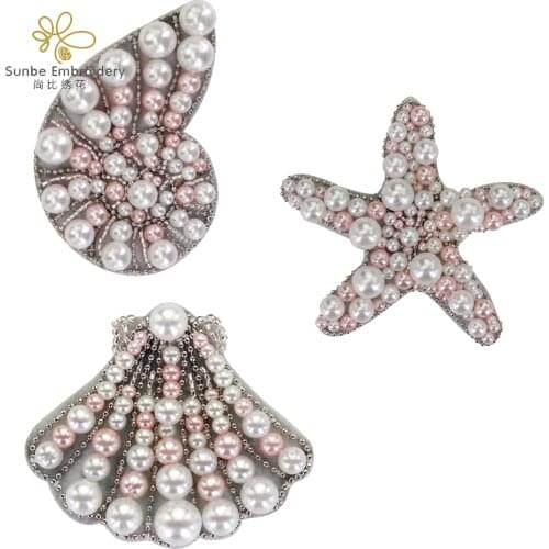 Beaded Pearls Motifs Sea Shell DIY Handmade Patches Decorative Badges Sew on 5 sets