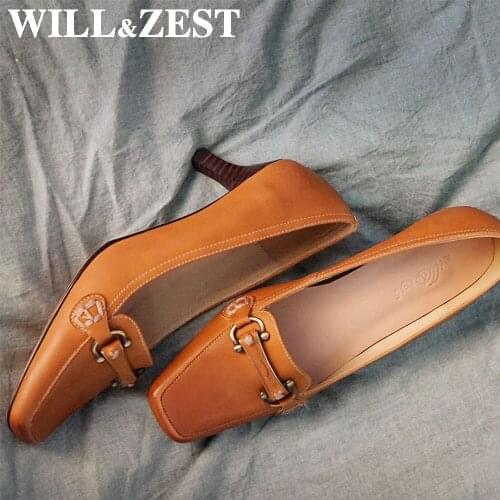Will&Zest Brown Thin High Heels Fetish Horsebit Loafer Size 34 Big Stylish Pumps Women Square Toe Shoes Retro Vintage Slutty