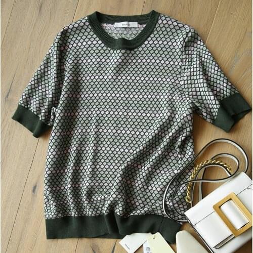 Plaid Vintage T Shirt Women Knitted Short Sleeve O Neck Tshirts For Women Elegant Tops Femme 2021 New Summer Argyle Print Tee