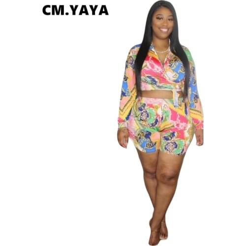 CM.YAYA Women Plus Size Set Print Full Sleeve Turn-down Collar Bandage Tops Stretchy Shorts Two 2 Piece Set Casual Outfit Summer