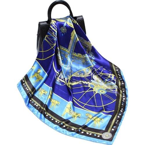 Women Fashion Square Scarf Bandana Vintage Carriage Print Shawl Hijab Imitate Silk Soft Satin Kerchief 35"x35" / 90x90cm
