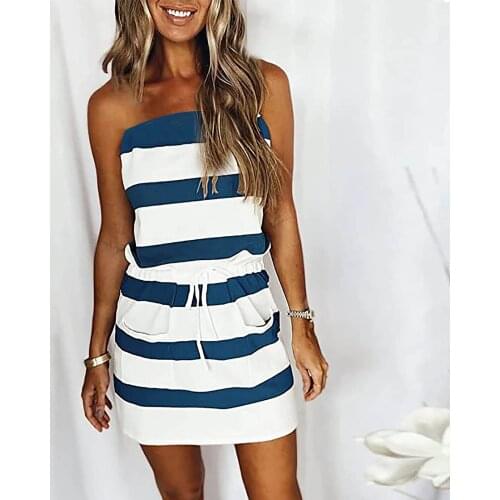 Sexy Strapless Slash Neck Mini Dress Women Stripe Sleeveless Off Shoulder Backless Dresses Summer Fashion Office Lady Style