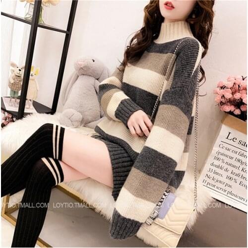 Casual Oversized Striped Sweater Dress Women Autumn Long Sleeve Loose Pullover Winter Streetwear Knitted Ladies Jumper Top