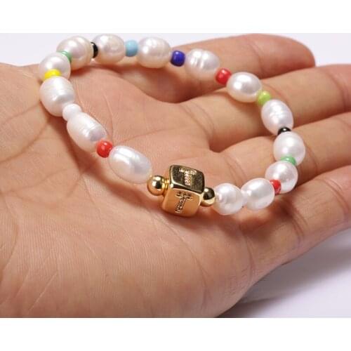 Gold CZ Initial 26 Alphabet Letter Name JewelryNatural Freshwater Pearl Rice Beads Bohemia Charm Bracelets For Unisex Women Girl