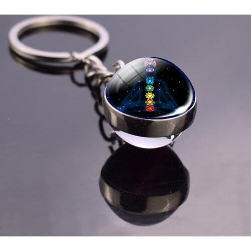 7 Chakra Yoga Meditation Glass Ball Key Chain Chakra Reiki Healing Metal Keychain Spiritual Jewelry for Men Women