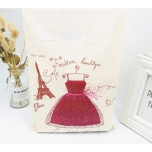 Beige Plastic Handles Clothes Packaging Bags Dark Red Skirt Tower Pattern Boutiqe Plastic Handle Gift Bag Pouches 25x35cm 50pcs