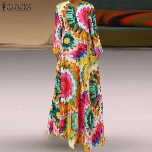 ZANZEA Bohemian Women V Neck Long Sleeve Floral Printed Sundress Summer Holiday Party Dress Female Maxi Long Vestidos Kaftan