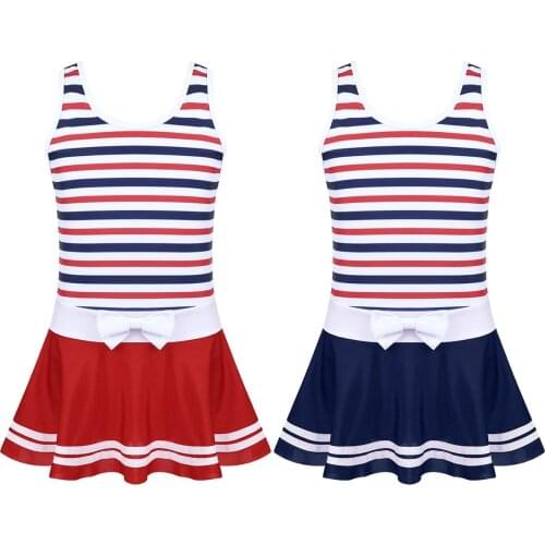 Kids Girls One Piece Swimsuit Dress Striped Bow Splice Style Children Swimwear Bathing Suit Summer Swimming Clothes Beach Dress