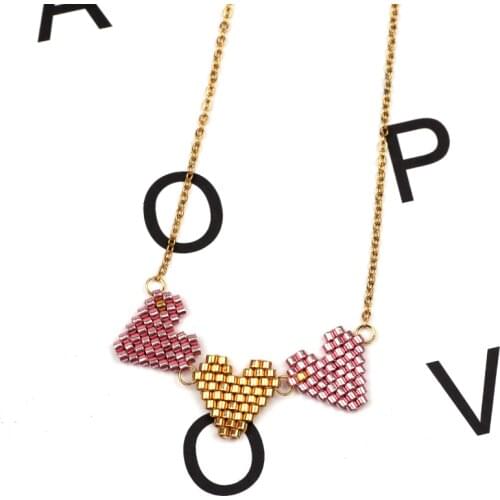 FAIRYWOO Tiny Miyuki Heart Necklace & Pendant Bohemia Cute Sweet Gold Chain Pink Collier Necklaces Woman Handmade Gift For Lover