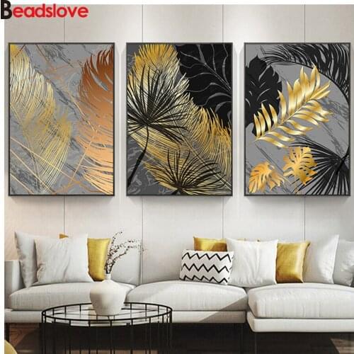 5d diy painting Marble Golden Leaf Art Plant art full square round drill diamond painting mosaic embroidery cross stitch 3 pcs