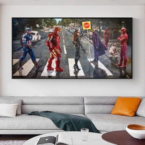 Marvel Superhero Crossing The Road Canvas Paintings Anime Posters and Prints Iron Man Wall Art Pictures for Living Room Decor