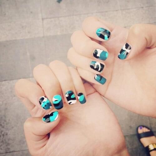 Hot ! Korean style Camouflage pattern fake nails Japanese Cute acrylic pure color short false nails french lady full nail tips