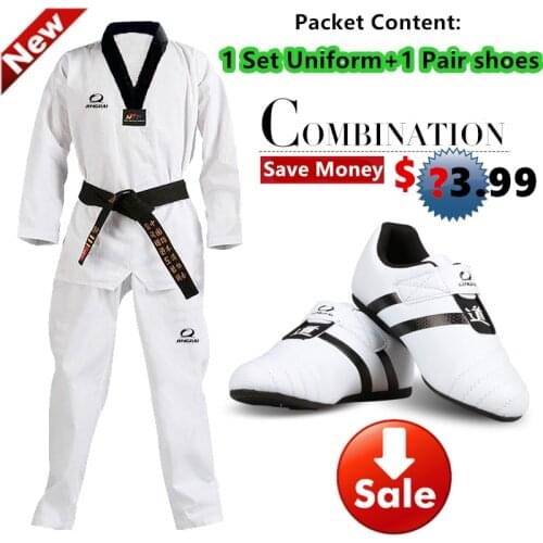 Hot Good quality taekwondo uniform Taekwondo shoes black V-neck karate dobok WTF approve cotton 1 set uniform+1 pair shoes