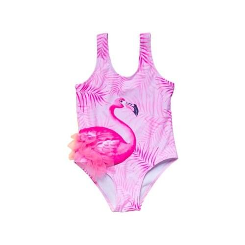 2021 New Children Swimwear Baby Girl Swimsuit Flamingo Print Jumpsuit, Sleeveless Round Neck Strap Beachwear Summer Swimsuit