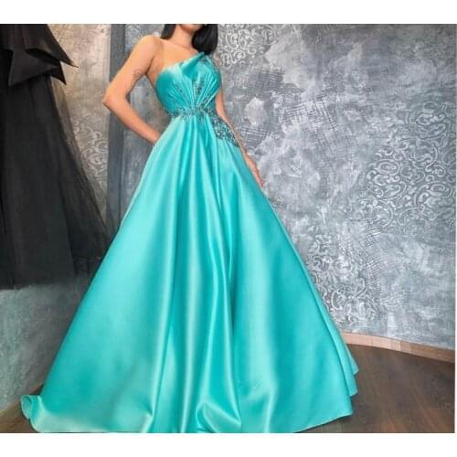 One Shoulder Satin Crystals Prom Dresses 2021 Long Formal Evening Dress Pleats Robe De Soiree