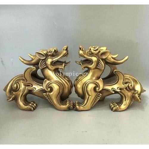 Pair 8'' brass carvings exorcise evil spirits bring treasure dragon kylin statue