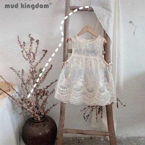 Mudkingdom Girl Sleeveless Dress Lace Hollow Mesh Print Round Neck Princess Dresses for Kids Matching Clothes Spring Autumn
