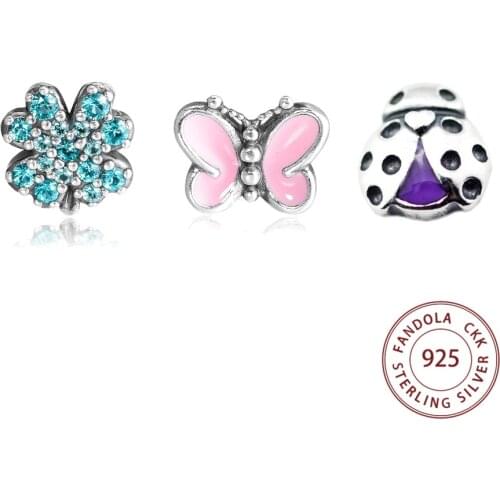 Pink Butterfly Green Lucky Clover Ladybird Petite Charm for Floating Pendant 925 Sterling Silver Beads Original Silver Jewelry