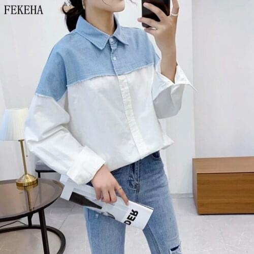 Patchwork Shirts Women Blouses Loose Long Sleeve Thin White Blue Lady Tops Female Clothes Autumn New Arrivals