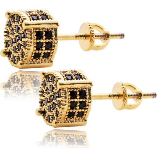 Micro Pave Black CZ Stone Bling Ice Out Hip Hop Stud Earring Male Gold Color Copper Material Round Earrings for Men Rock Jewelry