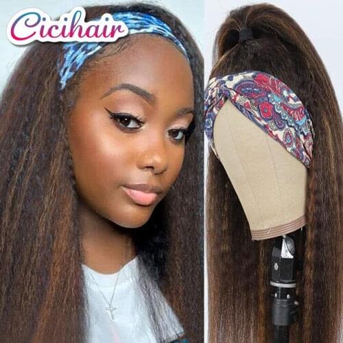 Synthetic Wig Highlight Headband Wig For Women Yaki Straight Head Band Wig Long Kinky Ombre Afro Brown Hair Heat Resistant 24"
